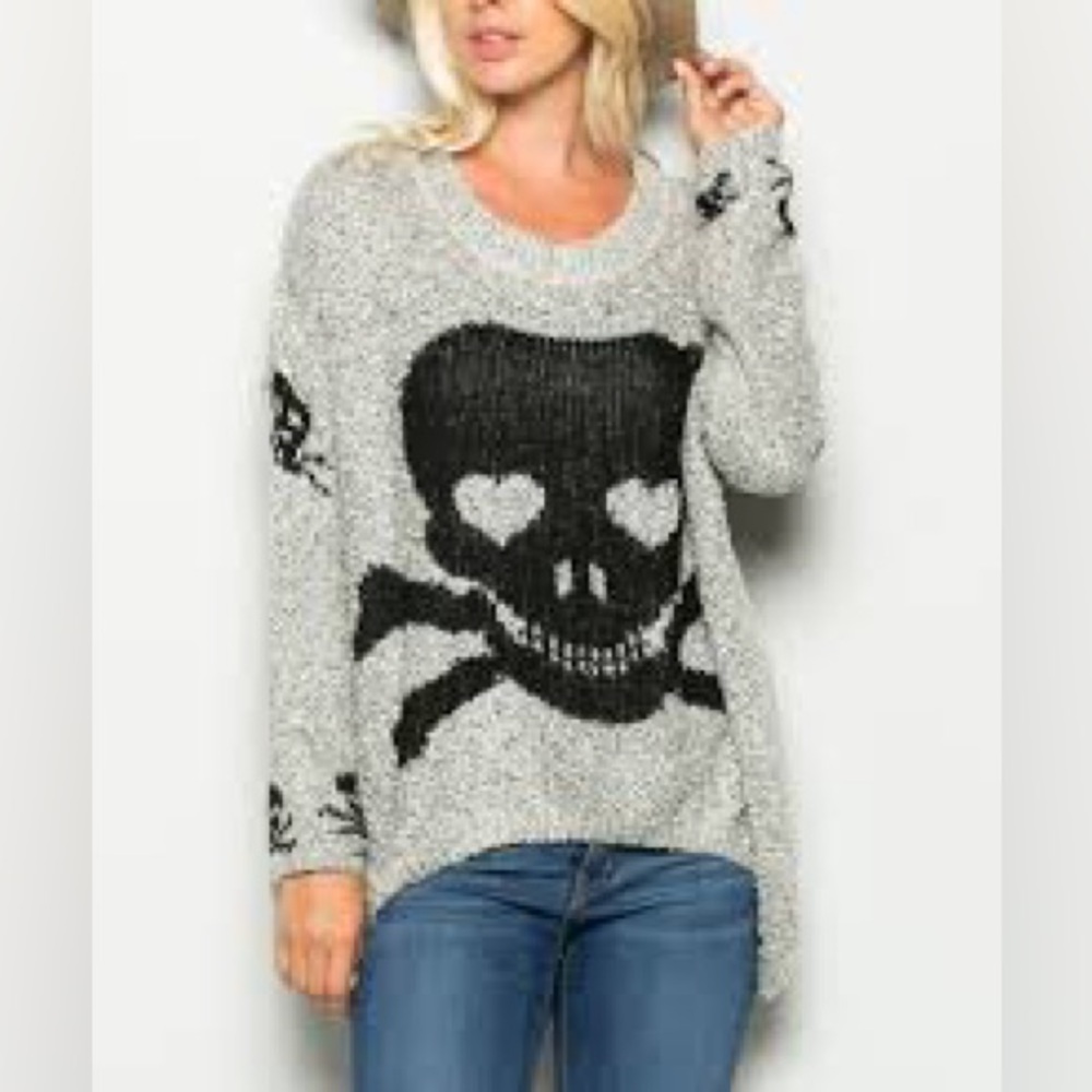 Edgy Gray Skull Crew Neck Sweater
